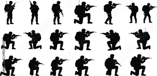 Military soldier silhouette set in combat poses, special forces personnel with rifles and tactical gear, army infantry mission training collection