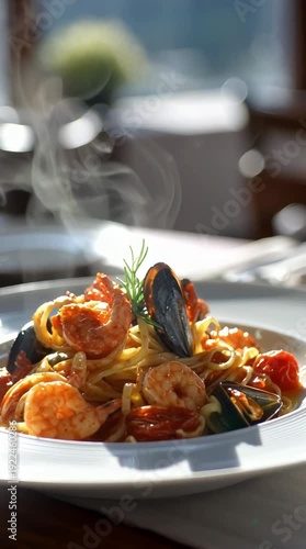 Steaming plate of fresh seafood pasta with shrimp and mussels in a rich tomato sauce, served in a bright restaurant setting.