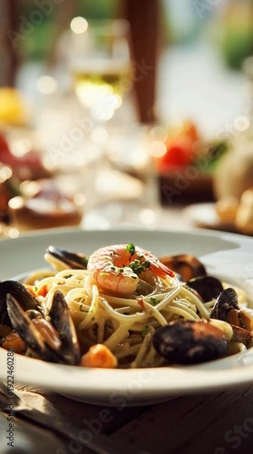 Delicious seafood pasta dish with shrimp and mussels served on a white plate at a restaurant table with blurred background.