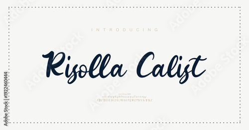 Risolla Calisit, Script font alphabet uppercase lowercase and number. Classic lettering minimal fashion designs. Typography modern serif fonts regular decorative vintage concept. Vector illustration
