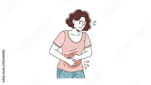 A vector illustration of a young woman suffering from abdominal pain or menstrual cramps, holding her stomach in discomfort.