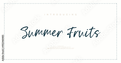 Summer Fruits, Elegant Script font alphabet uppercase lowercase and number. Classic lettering minimal fashion designs. Typography modern serif fonts regular decorative vintage concept. 