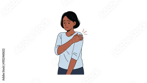 A simple vector illustration of a young black woman feeling shoulder pain, holding her arm with a pained expression and red sparks.