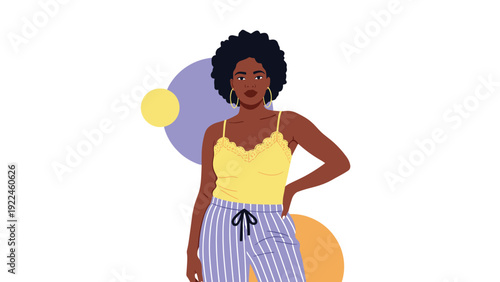 A stylish illustration of a confident young black woman with an afro, hoop earrings, and comfortable pajamas against abstract circles.