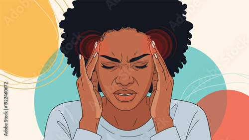 An illustration of a stressed black woman with an afro hairstyle suffering from a severe headache or migraine, pressing her temples.