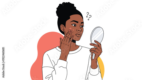 A young black woman looking worriedly into a hand mirror, touching pimples on her face, illustrating skin problems and acne concerns.