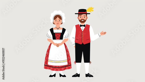 A charming vector illustration of a German couple from Bavaria wearing traditional outfits, lederhosen for the man and a dirndl for the woman.