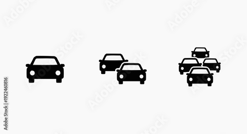 Car traffic jam and congestion icon set, frontal view automobile silhouettes, urban transport symbols isolated on white.