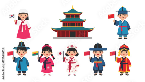 A cute collection of children from various Asian countries like China, Korea, and Japan, in traditional costumes and holding flags.