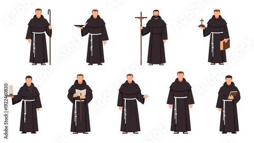 A collection of illustrations showing a christian monk in various poses, such as praying, reading the bible, and holding a cross.