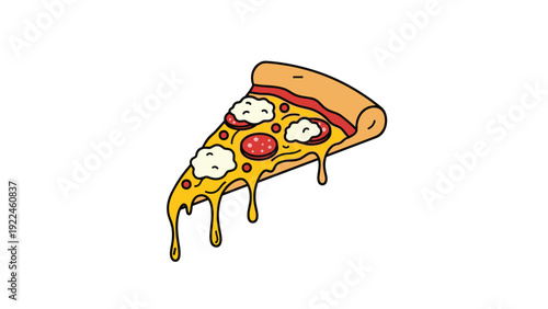 A delicious-looking cartoon illustration of a slice of pepperoni and mozzarella pizza with dripping cheese, isolated on white background.