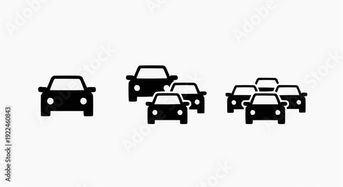 Car traffic jam and congestion icon set, frontal view automobile silhouettes, urban transport symbols isolated on white.