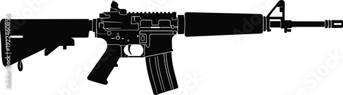 Rifle silhouette, AR-15 style firearm, military weapon, gun outline, tactical rifle, firearm illustration, black silhouette, weapon design, combat gear, defense icon