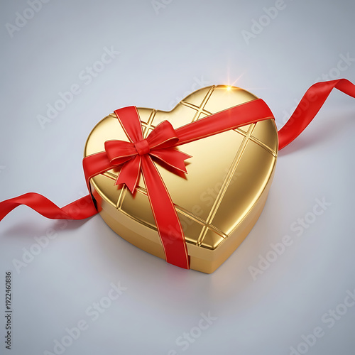 Golden Heart Shaped Gift Box Wrapped with Red Ribbon on Soft Gray Background