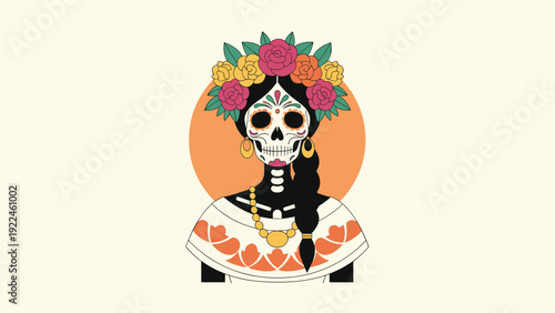 Beautiful vector illustration of a woman with Catrina Calavera sugar skull makeup and a floral headdress for Dia de los Muertos.