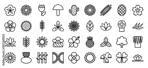 Botanical line art icons for sustainable branding and organic product packaging. Minimalist monoline nature pictograms featuring floral, leaf, and plant growth symbols.