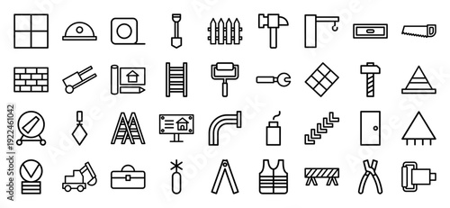 Construction and home renovation engineering line icons featuring building materials, professional tools, and architecture planning symbols in technical monoline style.