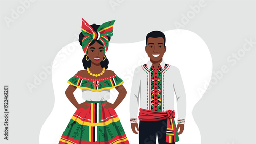 Smiling couple from Dominica wearing colorful traditional Creole costumes with Madras pattern, representing the island's unique culture.