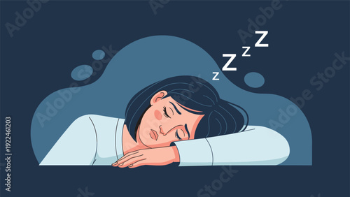 Tired young woman sleeping peacefully at a table with her head resting on her arm, with 'Zzz' text indicating deep sleep.