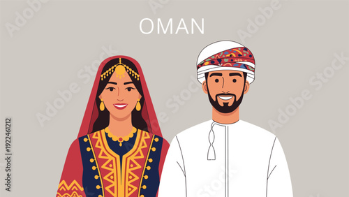 Portrait of a smiling Omani couple wearing traditional national dress from Oman against a simple gray background with text.