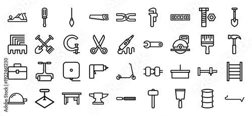 Construction and carpentry hardware icons featuring professional monoline tools for industrial repair, woodworking, and home improvement projects.