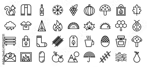 Autumn seasonal and outdoor lifestyle line icons featuring nature elements, cozy clothing, and forest harvesting for woodland branding and web UI.