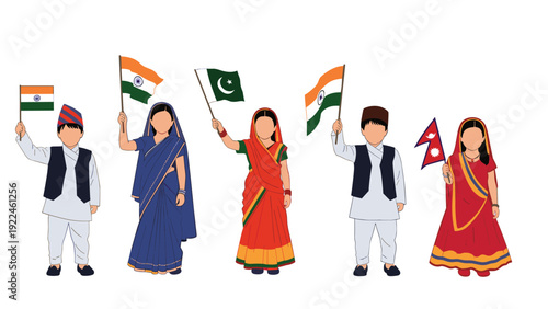 Group of people from South Asia in traditional clothing, including India, Pakistan, and Nepal, holding their national flags.