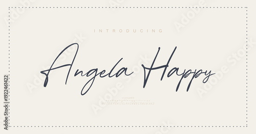 Angela Happy, Script Elegant alphabet letters font logo classic minimal fashion designs. Typography modern sans fonts and number for logo brand. vector illustration
