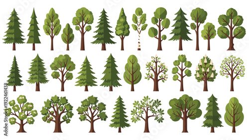 Extensive collection of diverse green trees, including deciduous, coniferous, and flowering varieties like chestnut, on a white background.