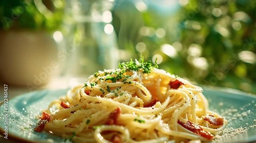 Close-up of a delicious plate of spaghetti carbonara with bacon, cheese, and fresh parsley, served outdoors.