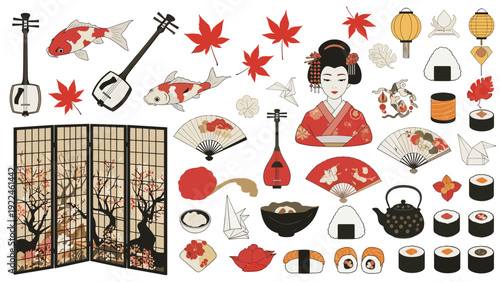 Elegant collection of traditional Japanese cultural elements, including a geisha, koi fish, sushi, and a folding screen partition.