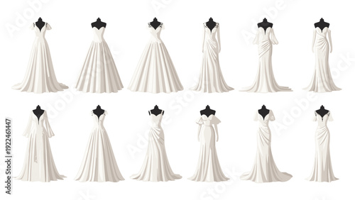 Collection of elegant and diverse white wedding dresses in various modern and classic styles, displayed on black tailor's mannequins.