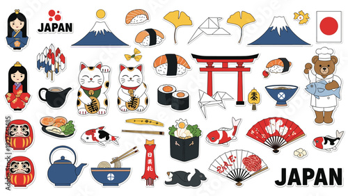 Large set of cute Japanese themed stickers featuring iconic symbols like Mount Fuji, maneki-neko, sushi, and a torii gate.