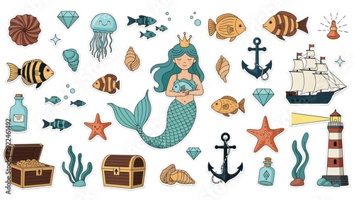 Charming collection of nautical and underwater stickers featuring a cute mermaid, various fish, a ship, and a treasure chest.