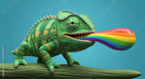 Green Chameleon Blowing Rainbow Bubble on Branch against Blue Background