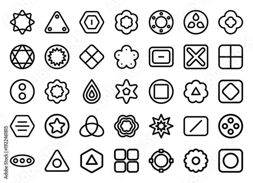 Abstract geometric symbols and monolinear graphic elements for professional branding and UI design. Technical minimalist shapes with uniform line weight for modern visual identity.