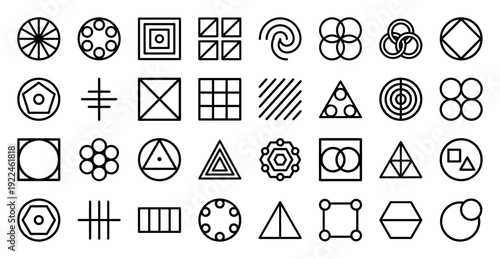 Abstract geometric symbology and sacred geometry elements for modern branding. Minimalist monoline icons featuring linear proportions and mathematical symmetry.