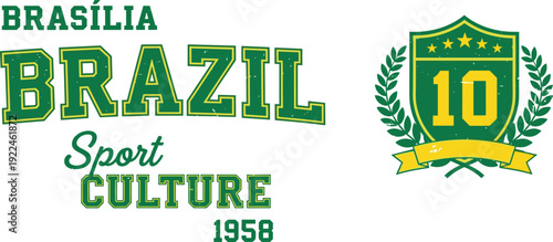 Brazil sports culture typography illustration with retro badge emblem and vintage lettering celebrating football heritage nineteen fifty eight inspired graphic design