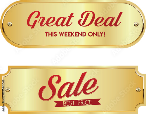 Two shiny gold sale banners with red text promoting a great deal and real price.