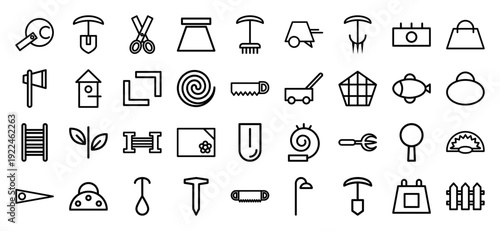 Garden maintenance and woodworking tools in a minimalist monoline style. Professional technical pictograms for landscaping and DIY home improvement projects.