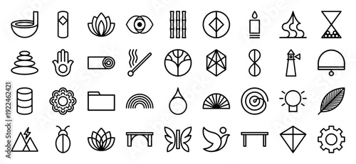 Mindfulness and holistic wellness monoline icons for spa branding and meditation apps. Minimalist geometric symbols representing zen balance, nature, and spiritual growth.