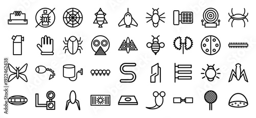 Pest control and entomology technical line icons featuring stylized insects, arachnids, extermination equipment, and laboratory research symbols.