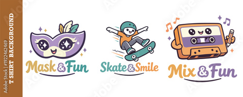 Colorful and playful cartoon logos featuring mask skateboard and cassette tape designs for fun activities and events isolated on transparent background