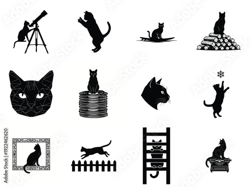 Collection of black cat silhouettes engaged in various hobbies and activities, including astronomy, surfing, music, and writing, ideal for pet lovers.