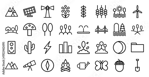 Sustainable energy and nature exploration monoline icons. Minimalist black stroke pictograms for environmental conservation, renewable power, and outdoor adventure.