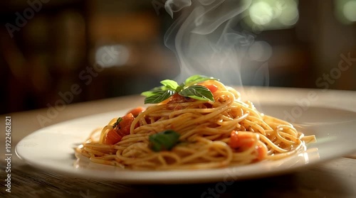 A steaming plate of freshly cooked spaghetti with tomato sauce and basil leaves, served on a white dish.