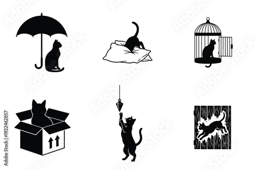 Collection of black cat silhouettes depicting various playful and curious activities like sitting under an umbrella, hiding in a box, and playing with a toy.