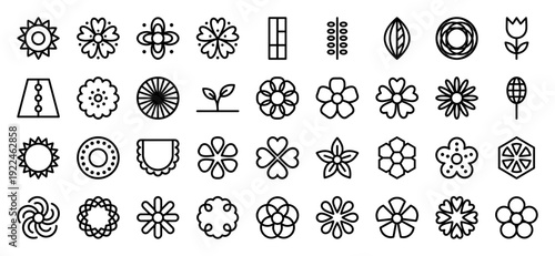 Botanical line art and floral geometry collection featuring minimalist bloom symbols and organic nature elements. Technical monoline pictograms for garden branding and sustainable lifestyle identity.