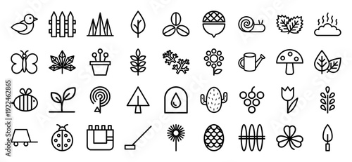 Sustainable gardening and organic farming line icons. Minimalist monoline pictograms for environmental conservation, botany, and horticulture branding.