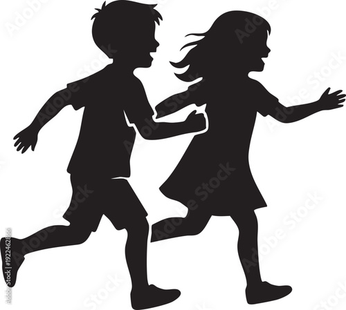 Silhouette of Little Boy and Girl Running and Playing – Happy Childhood Concept Vector Illustration